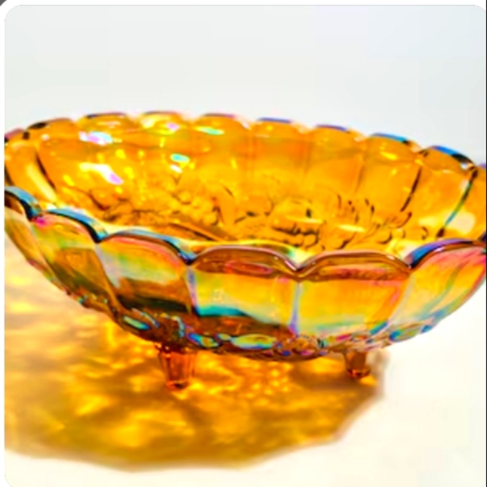 Vintage Indiana Glass Large Amber Harvest Fruit Carnival Glass Oval Footed Bowl